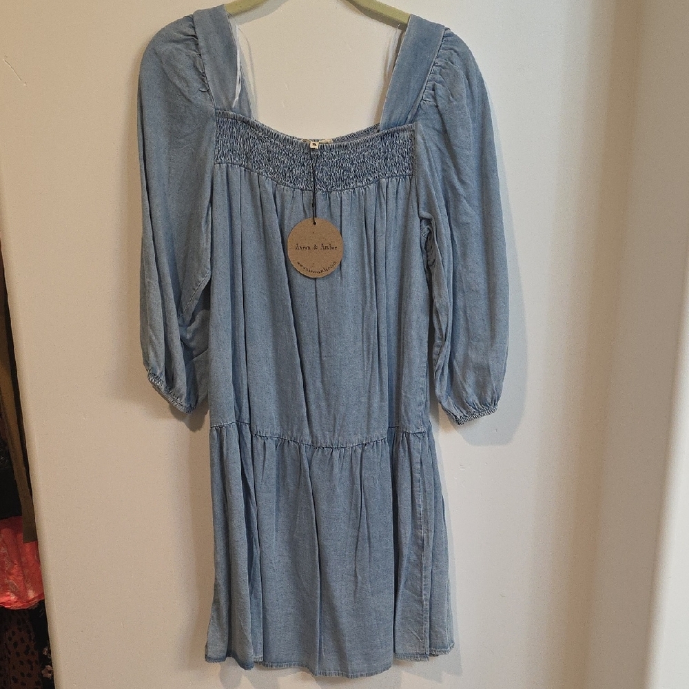 Aaron & Amber Blue Smocked Denim Women's Dress